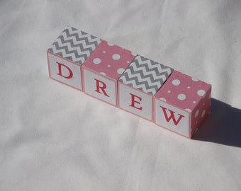 Drew Wooden Blocks , Gray Chevron and Pink Polka Dots Blocks, Baby Girl Blocks ,Puzzle Blocks .