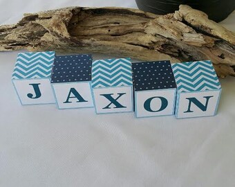 Jaxon Wooden Blocks - Polka Dots and Blue Chevron Blocks - Nursery Decoration - Puzzle Blocks - Hostess gift idea - Baby Shower gift .