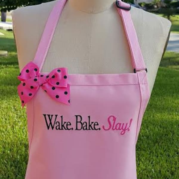 Custom Apron / Personalized Pink Apron with Black and Fuchsia embroidery thread .Bow polka dots / Gourmet apron / Hostess gift idea .