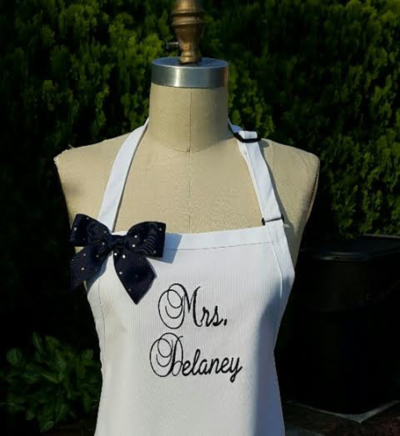 Wedding Apron/ White and Navy Apron/ New Mrs. Apron / Elegant Etsy