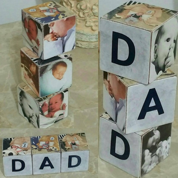 Dad Gift Set of 3 Wooden Blocks -Fathers day gift - Dad and me gift - memories photos blocks - Vintage look blocks -personalized  blocks .