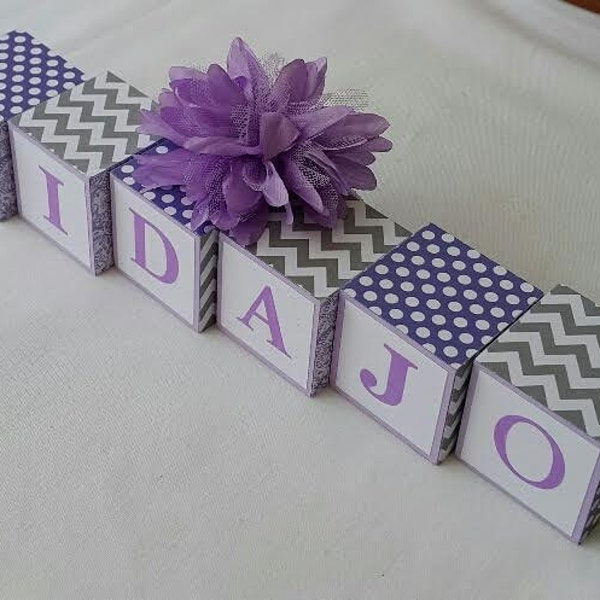 Vidajo  Wooden Blocks -Personalized wooden Blocks - Purple and white  and  gray  - Educative and Decorative  wooden blocks - Hostess gift