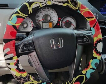 SALE) Black Floral Steering wheel cover/ Women's Car accessories / Coral Aqua black wheel cover / Car  accessories . Hostess gift idea .
