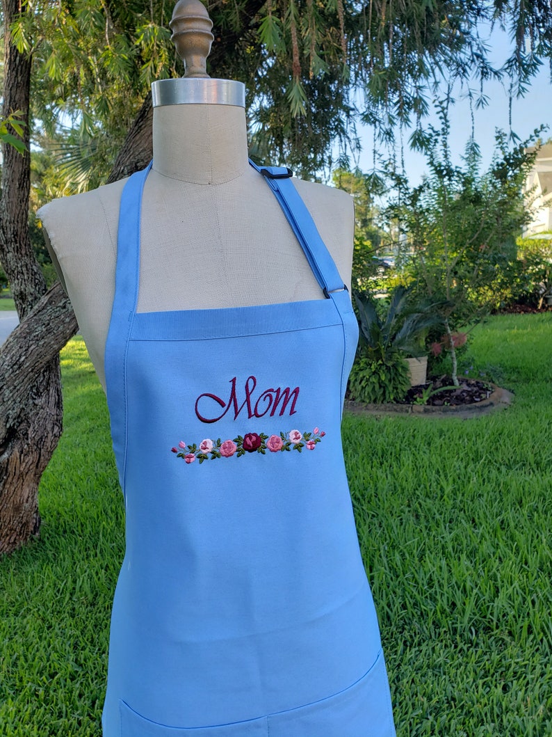 Personalized Apron Light Blue Embroidered Apron With Flowers Etsy