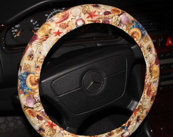 SALE )  Sea Shells Steering wheel cover / beige coral blue wheel cover / Hostess gift idea / Girls gift .