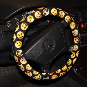 Emoji Faces Steering wheel cover / girls gift idea / Black and Yellow cover/ hostess gift idea/ gift under 15 / birthday gift .