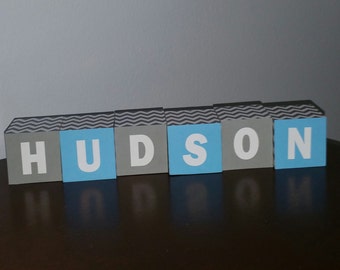 Hudson Wooden Blocks in Grey and aqua color / New baby Neusery Decoration/ Personalized wooden blocks / Blocks with name .