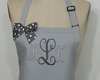Monogrammed Silver Apron / Silver and Charcoal  Apron/ Hostess gift idea / Gourmet Personalized Apron / Embroidery Apron .
