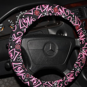 Black and Pink Steering wheel cover - LOVE wheel cover - car accessories-Women&#39;s wheel cover