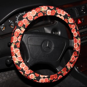 SALE) Black and Red Roses  Steering Wheel Cover / Grey and Pink Roses /  Women&#39;s wheel cover / Hostess gift idea/ Holidays .