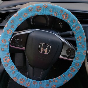 Steering Wheel cover Light Blue with Paw Prints - Cute Steering Wheel Cover - Doggy Lover Steering Cover