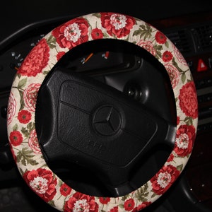 Floral Steering wheel cover - White with red flowers wheel cover - Car accessories - Women&#39;s wheel cover - Elegant wheel cover .