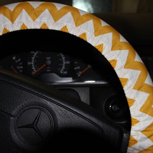 SALE) Yellow Chevron Steering Wheel Cover -Yellow and White Chevron Cover -Bridesmaid gift - Hostess gift idea.