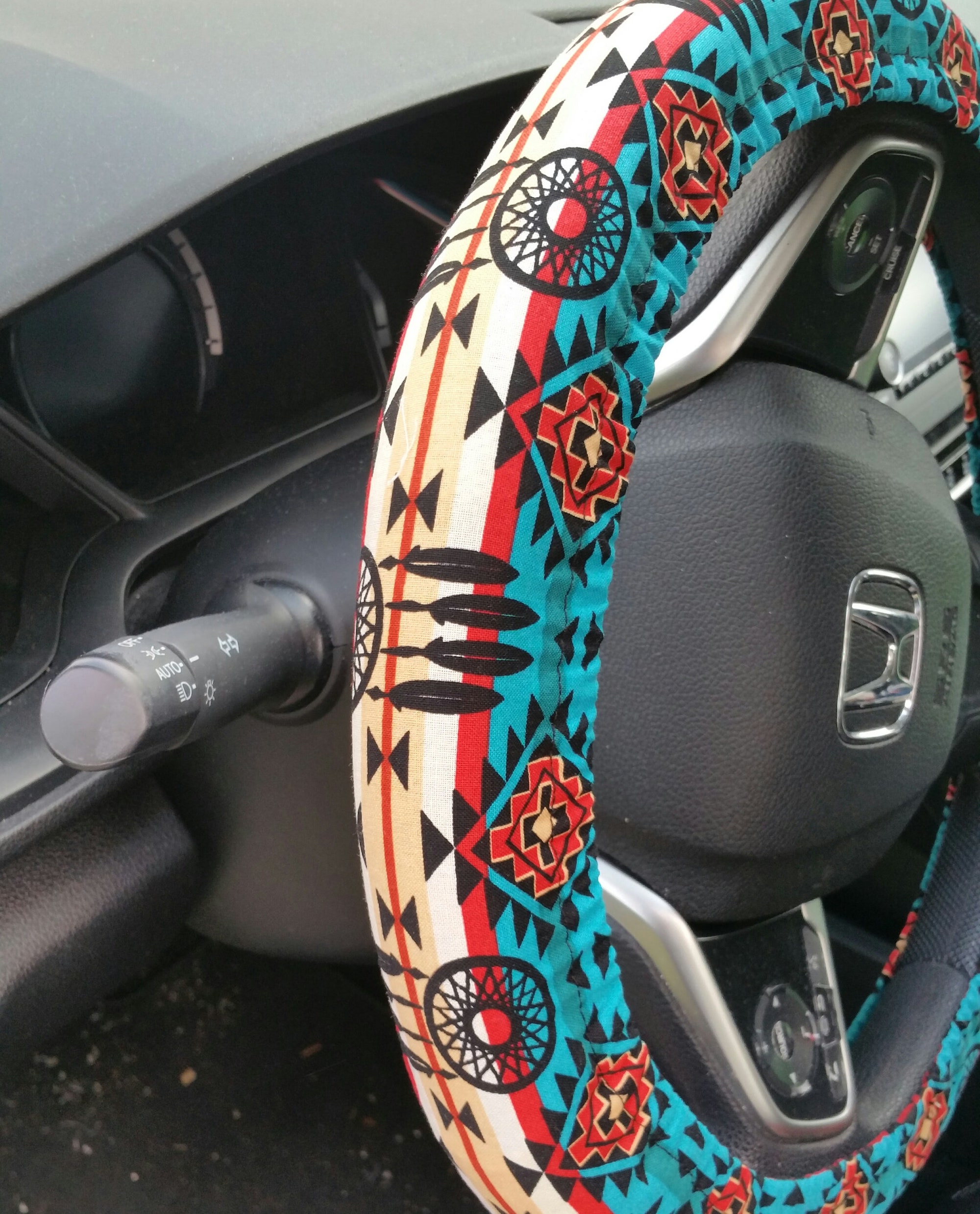 Aztec Steering wheel cover/ Turquoise and beige wheel cover