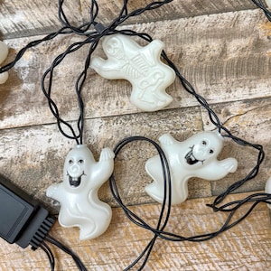 Vintage Halloween Blow Mold String Lights Ghosts Skeletons Double Sided Strobing