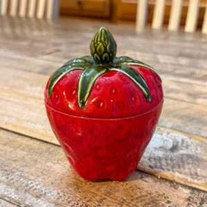 Vintage Strawberry Jam Pot Trinket Box Jar Red Ceramic Handpainted Signed 1978
