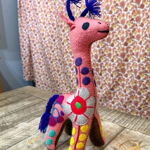 Mexican Folk Art Felt Giraffe Plush Embroidered Flowers Pink Handmade 12”