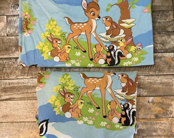 Vintage Disney Bambi Bed Sheets FULL Flat & Fitted Sears Fabric Blue READ