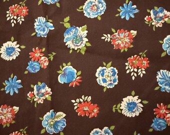 Vintage Brown Floral Fabric Blue & Red Flowers Quilting Cotton 64” X 42”