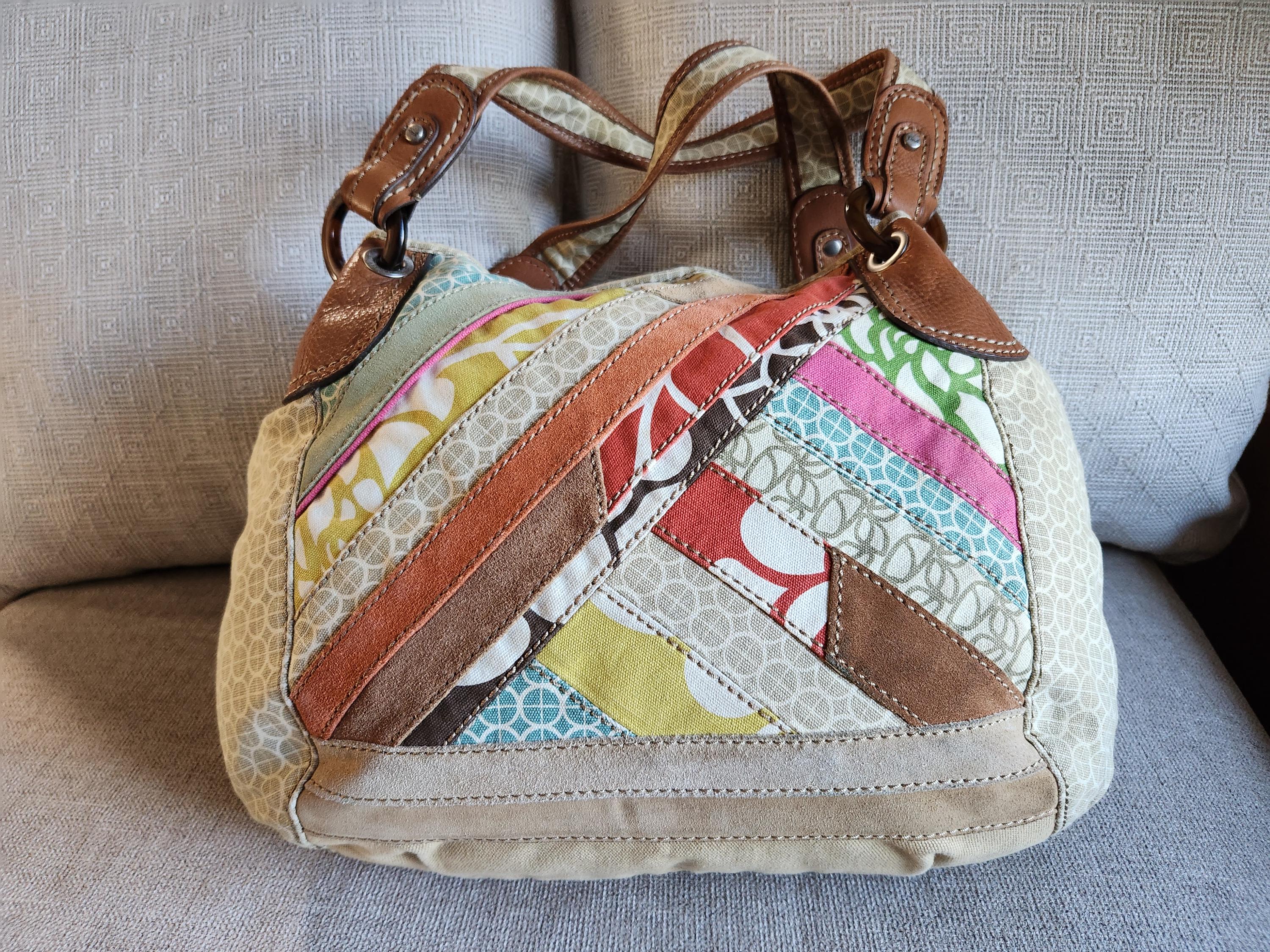 Fossil Patchwork Leather Suede Canvas Tote Shoulder Bag - Etsy display picture 1
