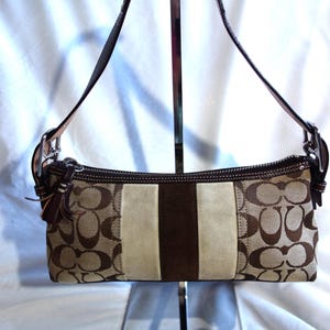 Coach Signature Stripe Baguette Demi Bag Suede and Fabric Brown
