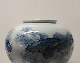 Old  Antique Japanese Coy Fishes Blue & White Porcelin Vase,9"x9",Collector