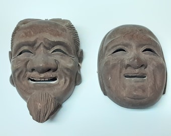 Vintage  Pair Of High Quality Japanese Old Man & Woman Wood Masks,5",Collectors