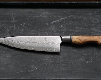 Chef knife - Ryda Knives ST650 damascus 8 inch chef knife with olive wood handle.
