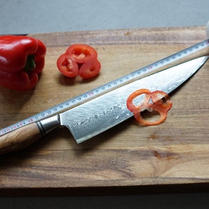 Ryda Knives 10 Inch Chef Knife, with olive wood handle.