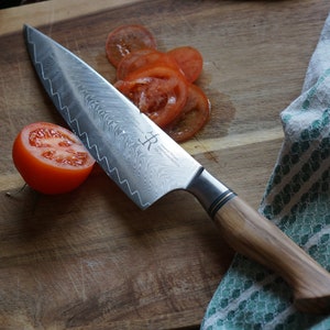 10 ich chef knife, big chef knife, best chef knife, damascus knife, ryda knives, olive wood handle,