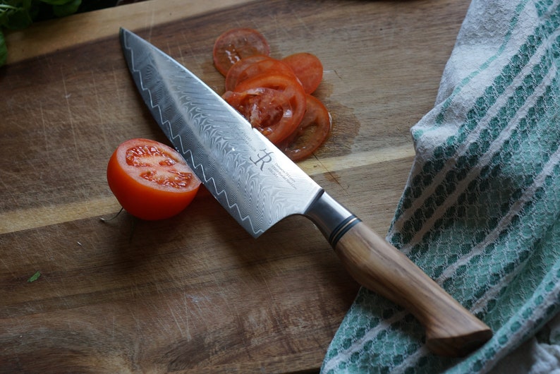 10 ich chef knife, big chef knife, best chef knife, damascus knife, ryda knives, olive wood handle,