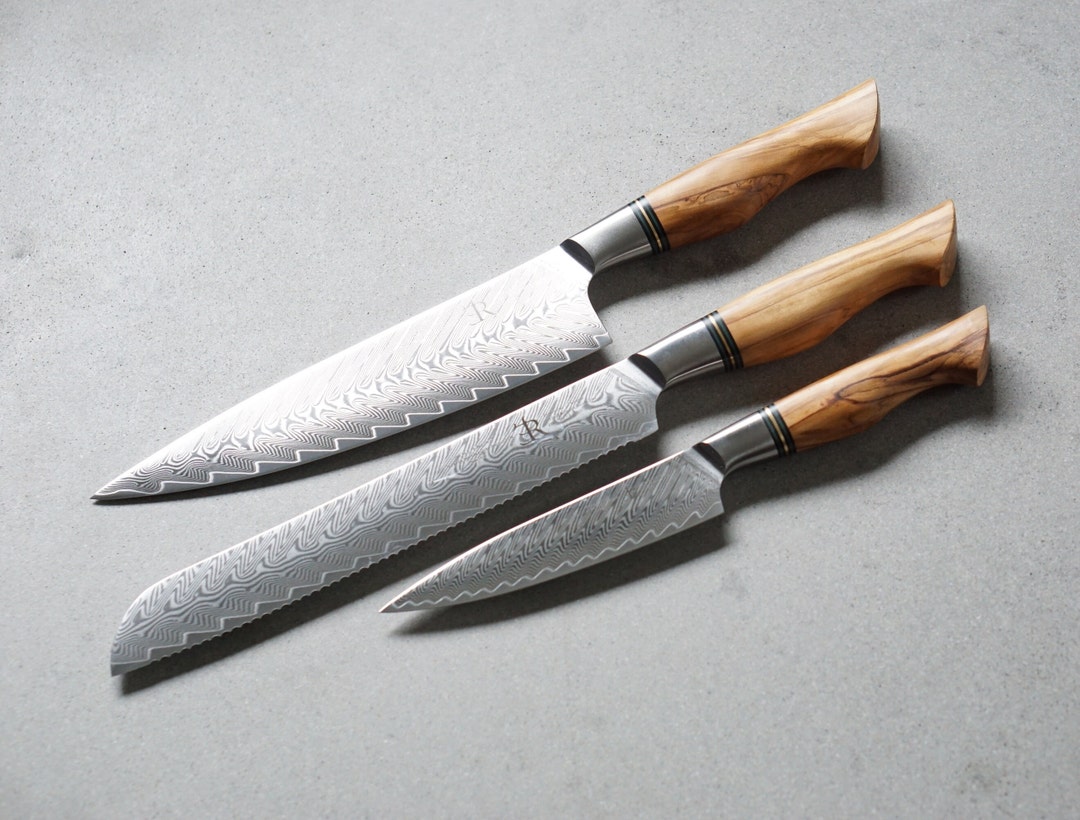 Full Set ST650 Ryda Knives. Chef, Utility, Santoku, Nakiri and Parring Knife.  Powder Steel Core and Olive Wood Handle. 