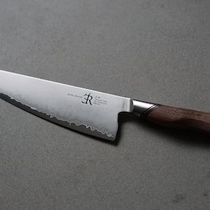 Ryda Knives A-30 Chef Knife, 8 Inch with walnut handle and Aus-10 3layer sanmai damascus.