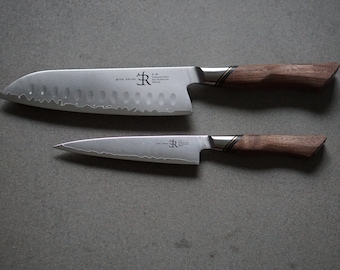 Full Set ST650 Ryda Knives. Chef, Utility, Santoku, Nakiri and Parring Knife.  Powder Steel Core and Olive Wood Handle. 