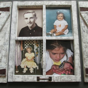 May include: A whitewashed wooden picture frame with four separate picture windows. The top left window shows a man with brown hair, the top right window shows a young girl with brown hair, the bottom left window shows a young girl with blonde hair, and the bottom right window shows a young girl with brown hair looking at a butterfly.