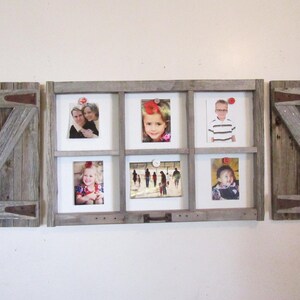 May include: A rustic wooden picture frame with six photo openings and two matching wooden shutter-style side panels. The frame holds various family photos. The wood has a weathered, gray appearance, with visible grain and metal hinges.