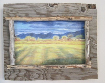 Farm  field barn wood twig colored pencil drawing