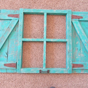 Rustic little window with shutters- aqua