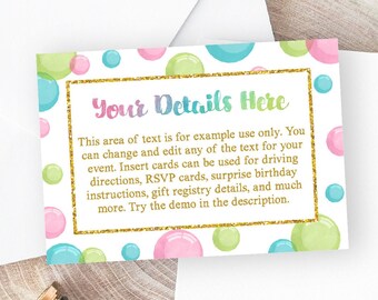 Bubble Birthday Insert Card, Editable Bubble Birthday Details Card, Printable 3.5x5" Details Card, Bubble Birthday Party Extra Details Card