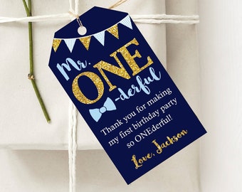 Mr. ONEderful Birthday Favor Tags, Editable Mr. ONEderful Favor Tags, Thank You Tags, Boys First Birthday Party Decorations, Printable