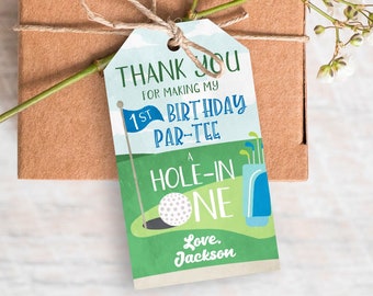 Hole in One Birthday Favor Tags, Editable Golf Favor Tag Template, Printable Boy First Birthday Party Gift Tags, Golfing Thank You Tags