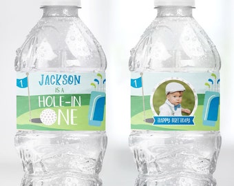 Etiquetas para botellas de agua de cumpleaños de golf "Hoyo en uno" (editables e imprimibles)
