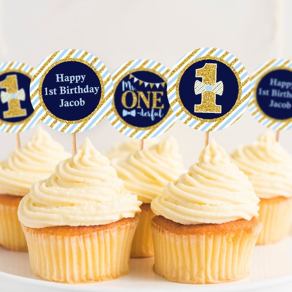 Mr. ONEderful Birthday Cupcake Toppers, Editable Mr. ONE-derful Toppers, Boy's First Birthday Party Decorations, Navy Blue and Gold Bow Tie