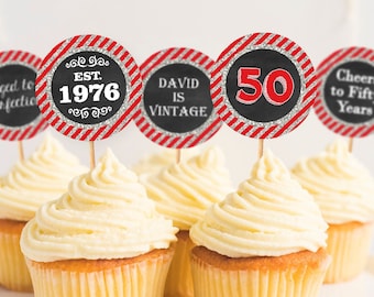 50th Birthday Cupcake Toppers, Aged to Perfection Est. 1971, Editable Red and Silver Cupcake Toppers, Adult Birthday Party Decorations