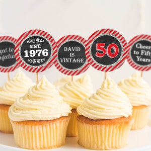 50th Birthday Cupcake Toppers, Aged to Perfection Est. 1971, Editable Red and Silver Cupcake Toppers, Adult Birthday Party Decorations image 1