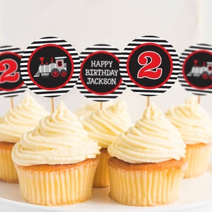 Train Birthday Cupcake Toppers, Editable Train Cupcake Toppers, Printable Train Birthday Party Decorations, Red and Black Train Decor image 1