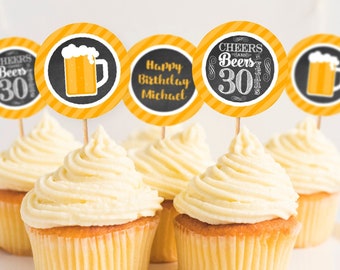 Cheers and Beers to 30 Years Birthday Cupcake Toppers, Editable Cheers and Beers Cupcake Toppers, Printable 30th Birthday Party Decorations
