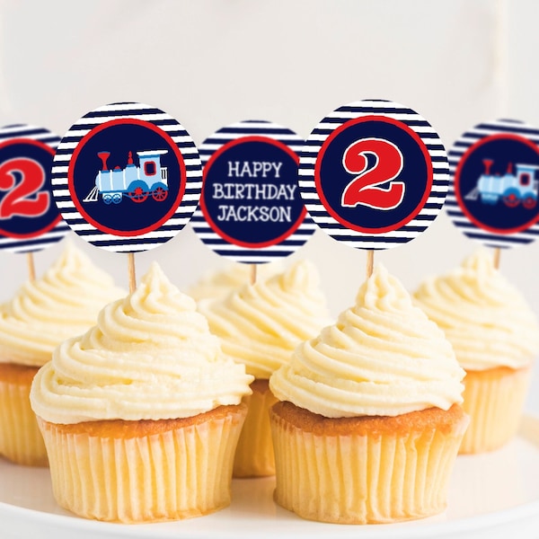 Train Birthday Cupcake Toppers, Editable Train Cupcake Toppers, Printable Train Party Decorations, Navy and Red Boy Train Party Decor