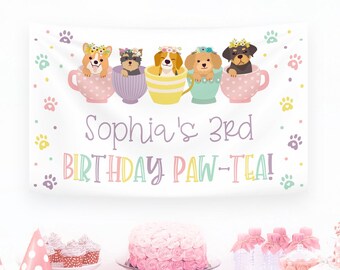 Dog Tea Party Birthday Banner, Editable Dog Happy Birthday Banner Poster, Printable Teacup Party Backdrop, Tea Birthday Party Decorations