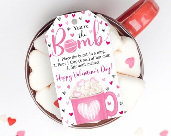 Valentine's Day Hot Chocolate Bomb Tag, Printable Valentines Day Party Favors, Hot Cocoa Bomb Gift Tag, Favor Tags, Teacher Appreciation